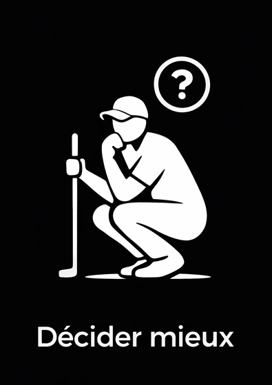 Golfeur réfléchissant avant de jouer un coup – décider mieux sur le parcours, concept du livre Penser avant de swinguer